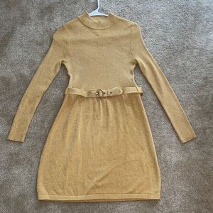 Free People Golden Sparkly Belted Mockneck Sweater Dress